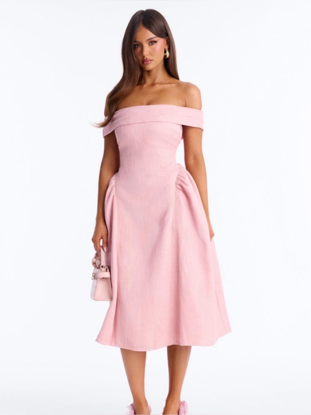 Paisley Off Shoulder Tweed Pink Midi Dress